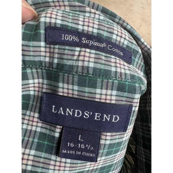 Land’s End Button Up Shirt Men's Large 16-16 1/2 Green Plaid With Pocket - Picture 3 of 7